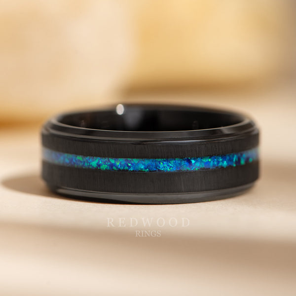 8mm mens blue opal ring, black brushed gentlemans band with blue opal inlay