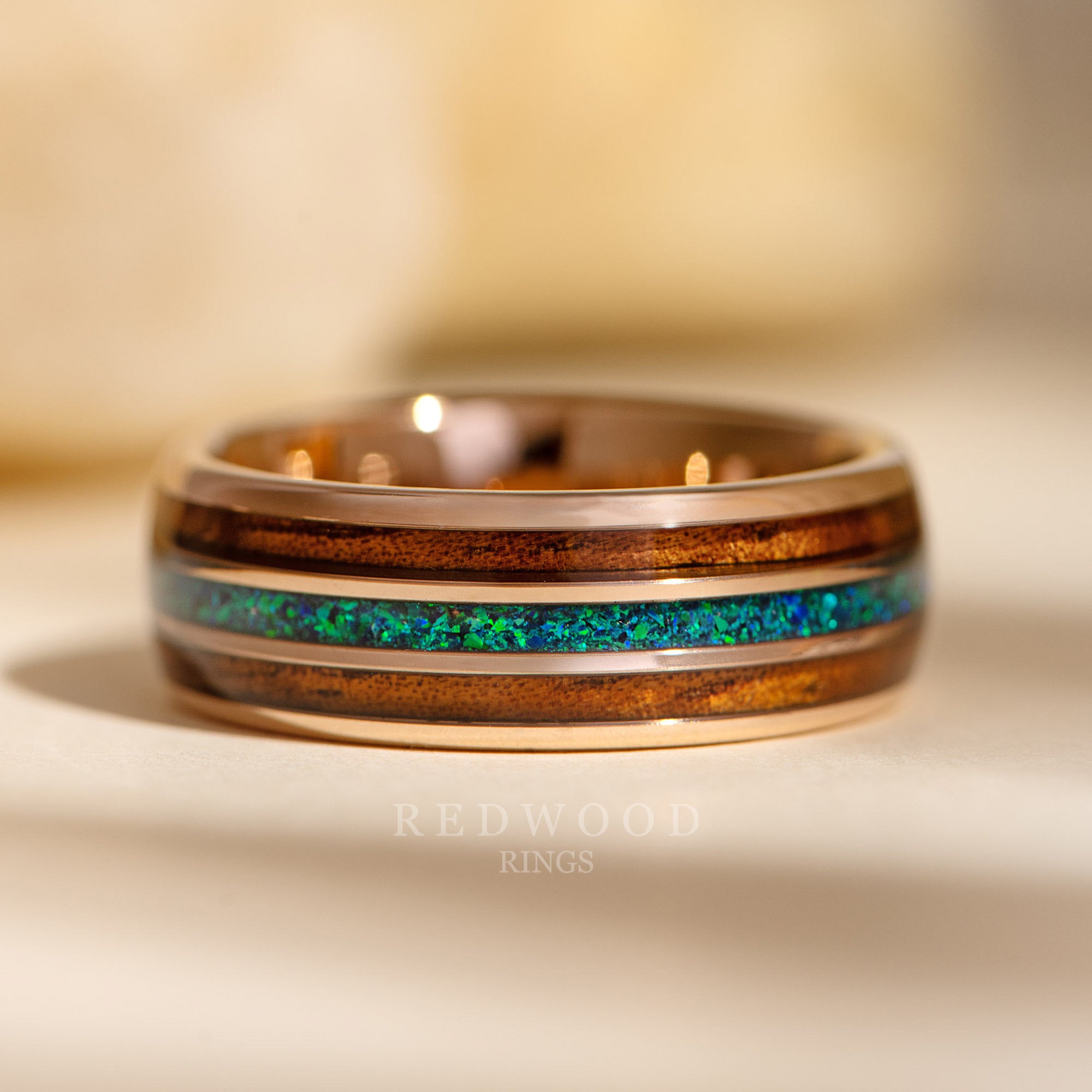 Rose Gold Redwood Ring, Green Opal and Sequoia Inlay 8MM