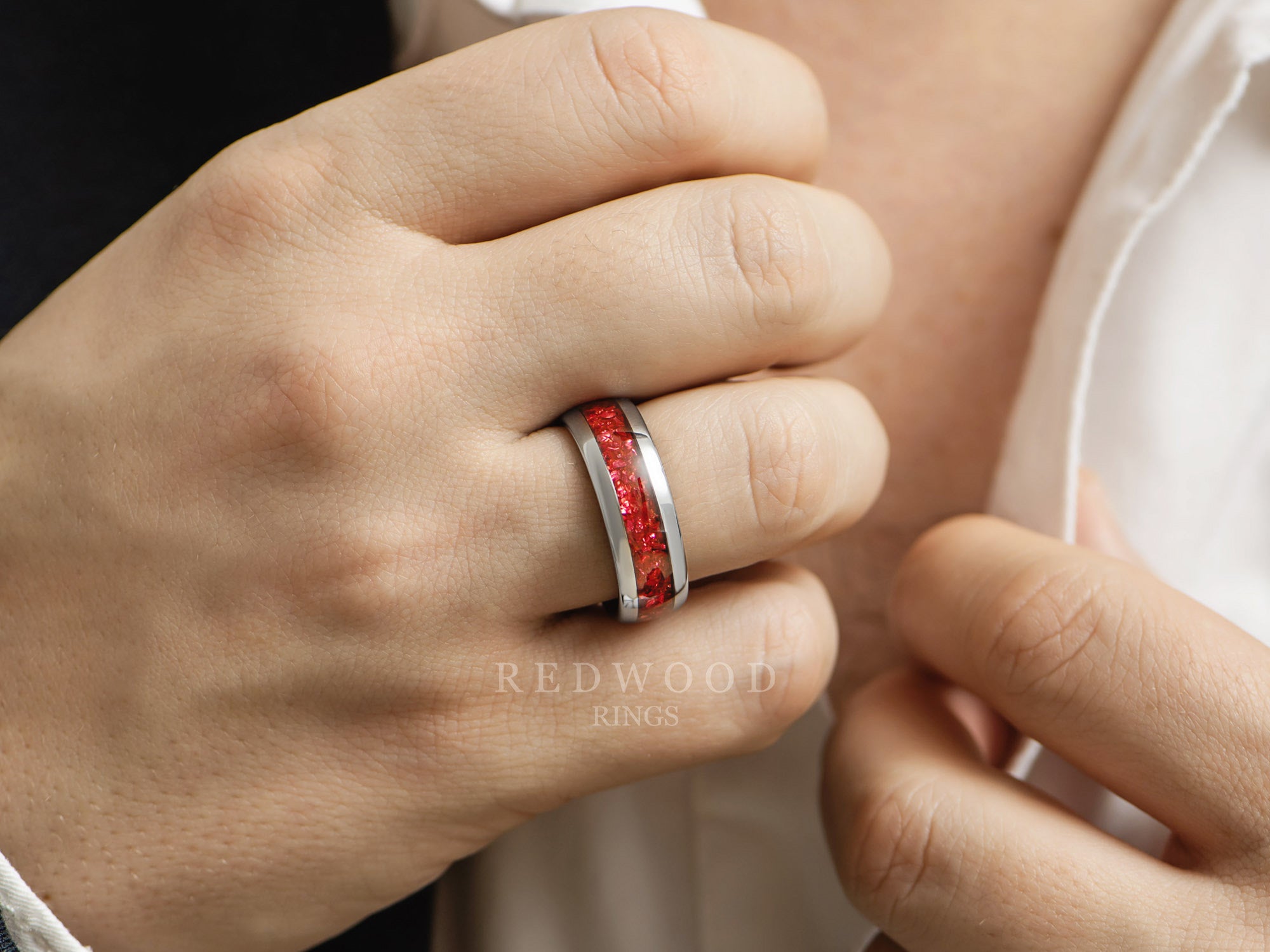 8mm silver and garnet tungsten ring, mens hand photo