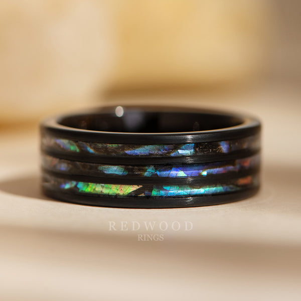 8mm abalone shell ring, black plated tungsten with triple abalone shell inlay, mens engagement ring