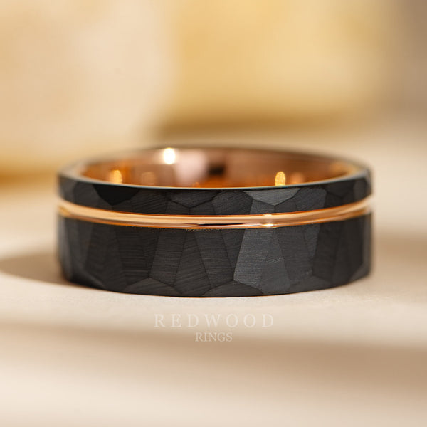 8mm black and rose gold zeus ring, mens hammered wedding band