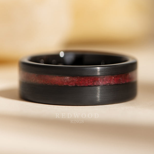 8mm black garnet ring, flat black plated tungsten with genuine garnet gemstone inlay, mens wedding band