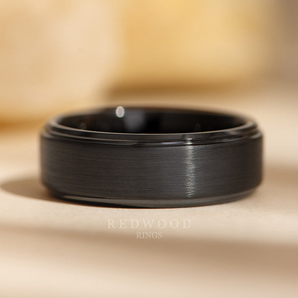 8mm black gentlemans band, black plated tungsten with stepped edges, mens wedding ring