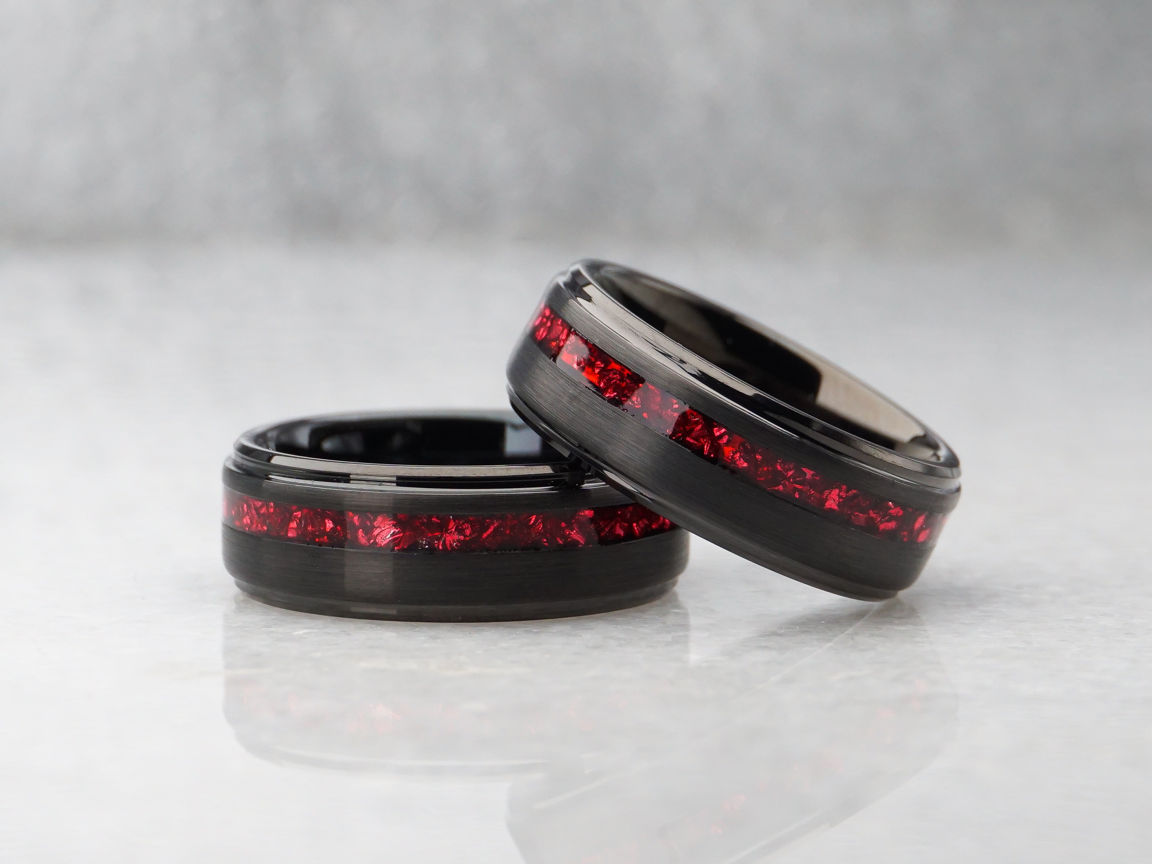 Black Tungsten Ring, Red Lab-Created Garnet Strip Inlay, Stepped Edges - 8MM