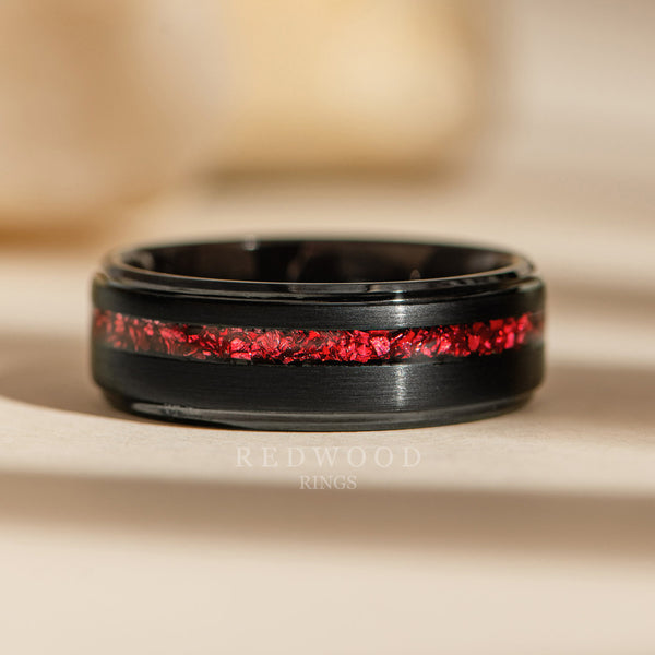 8mm black gentlemans ring with lab garnet, luxury photo