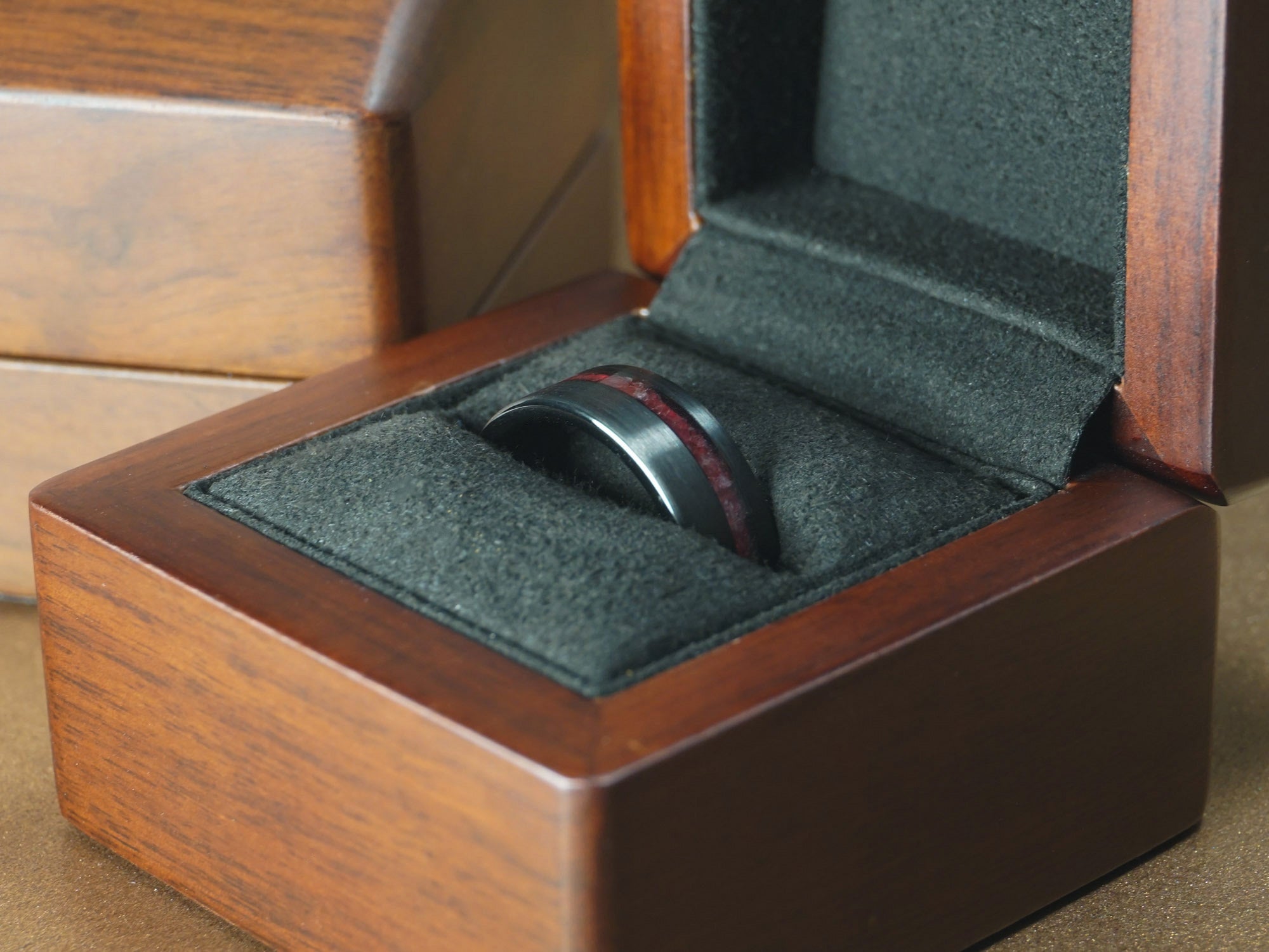 Black Garnet Mens Ring, Brushed Black Tungsten with Genuine Garnet Inlay - 8MM