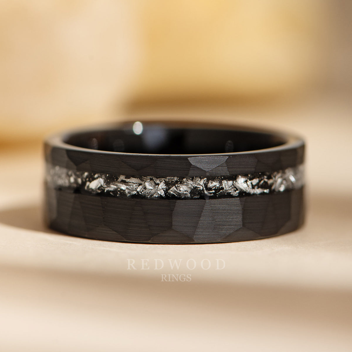 Extrium Metal In Rings Black Hammered Tungsten Ring, Meteorite Inlay - 8mm – Redwood Rings