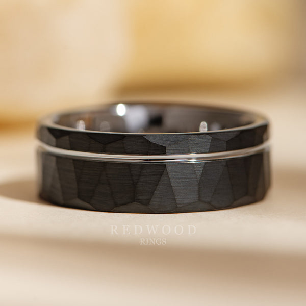 8mm black hammered ring with silver strip, mens zeus ring