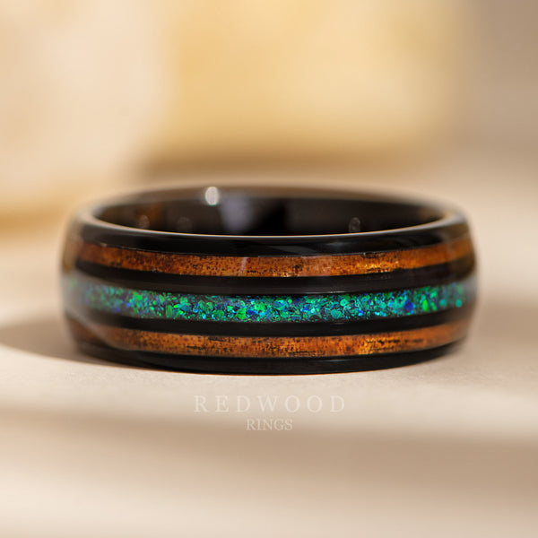 8mm black tungsten ring, koa wood and green opal triple inlay, mens promise ring