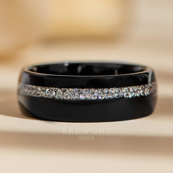 8mm black tungsten with lab diamond ring, luxury photo watermarked