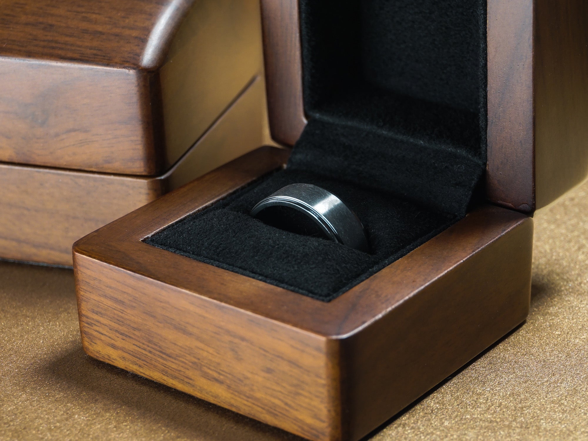 8mm black zirconium ring in a luxury wood ring box, black zirconium gentle mans band, brushed with stepped edges