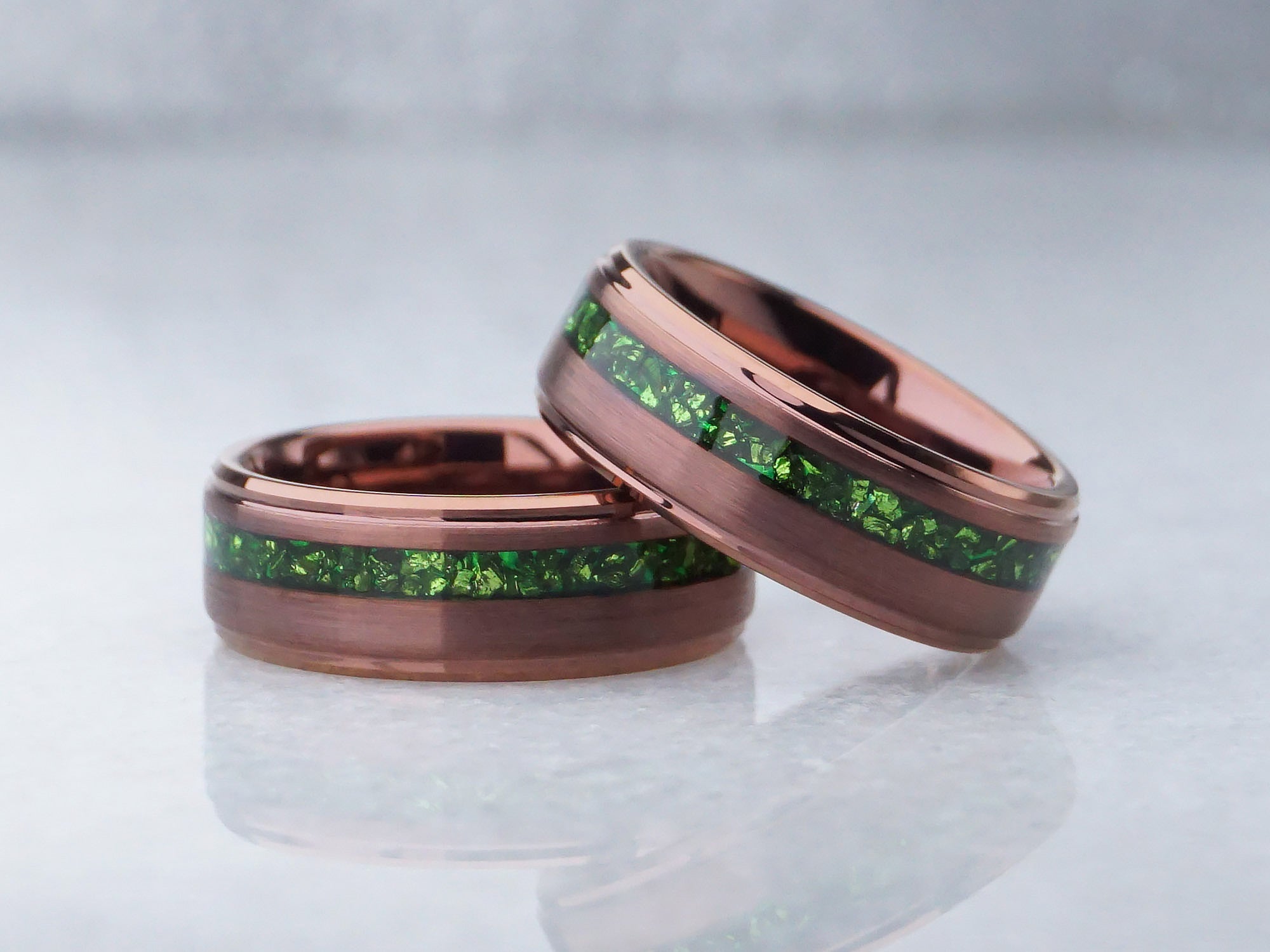 8mm brown emerald ring, gentlemans tungsten  band, silver photo