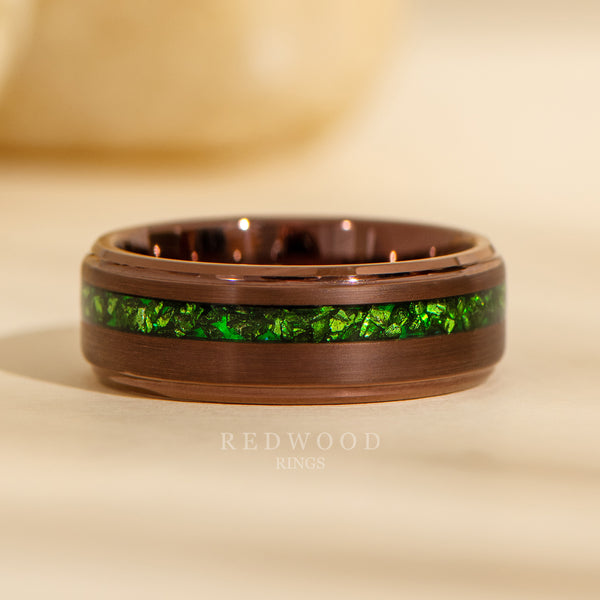 8mm brown tungsten gentlemans band with green lab emerald inlay, olympic forest ring