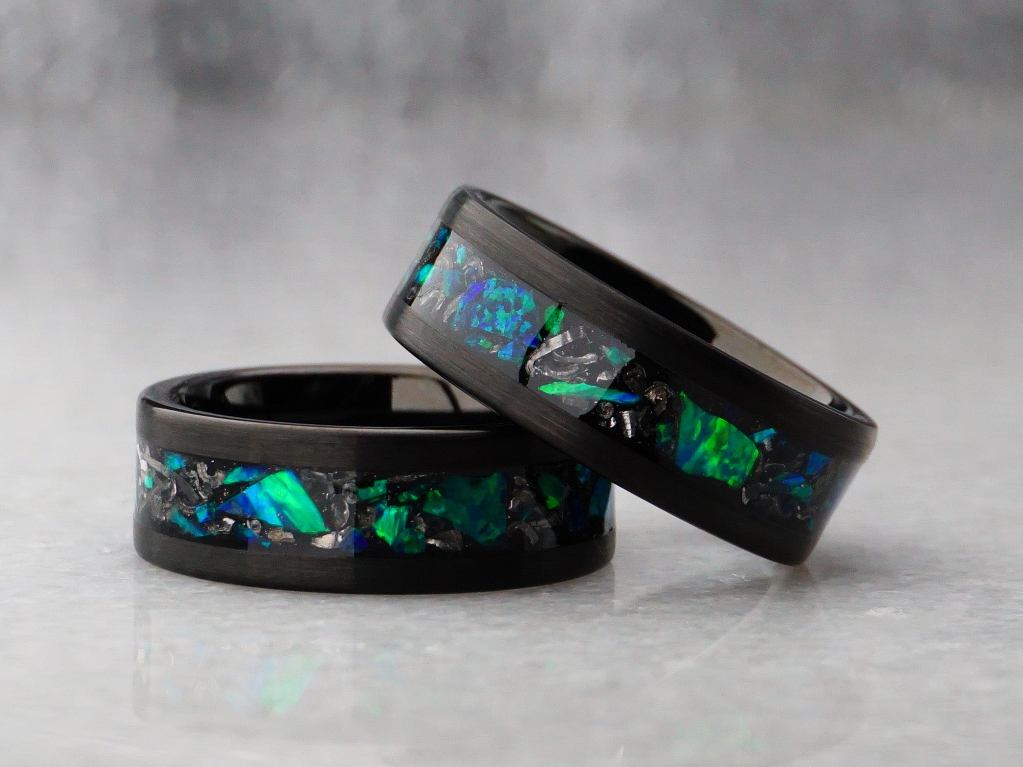 8mm eagle nebula ring, brushed black tungsten ring with green blue opal and meteorite metal inlay, modern mens wedding ring.jpg