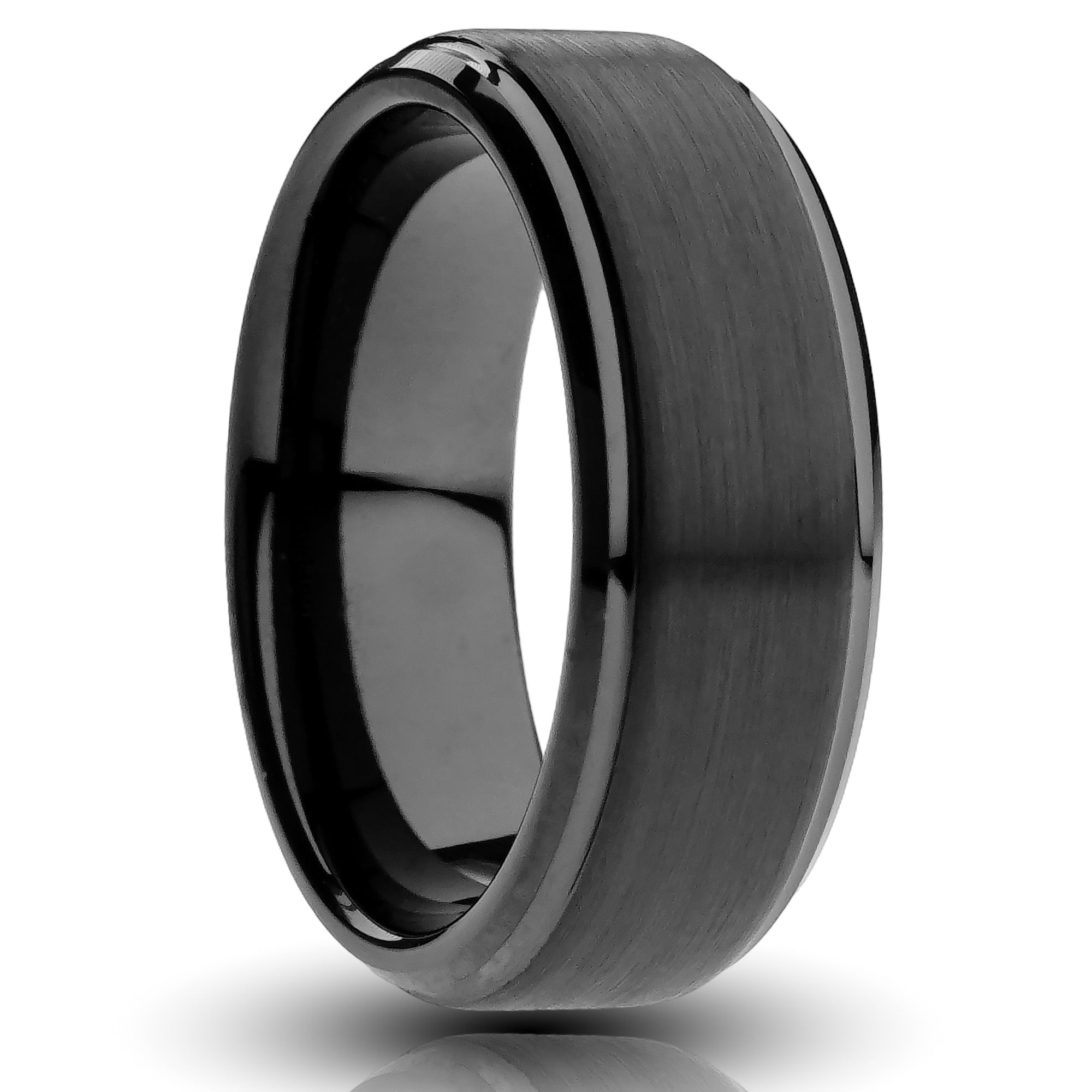 8mm gentle mans band in black 8mm stepped tungsten ring bushed texture lback plated tungsten mens wedding band cutout etsy