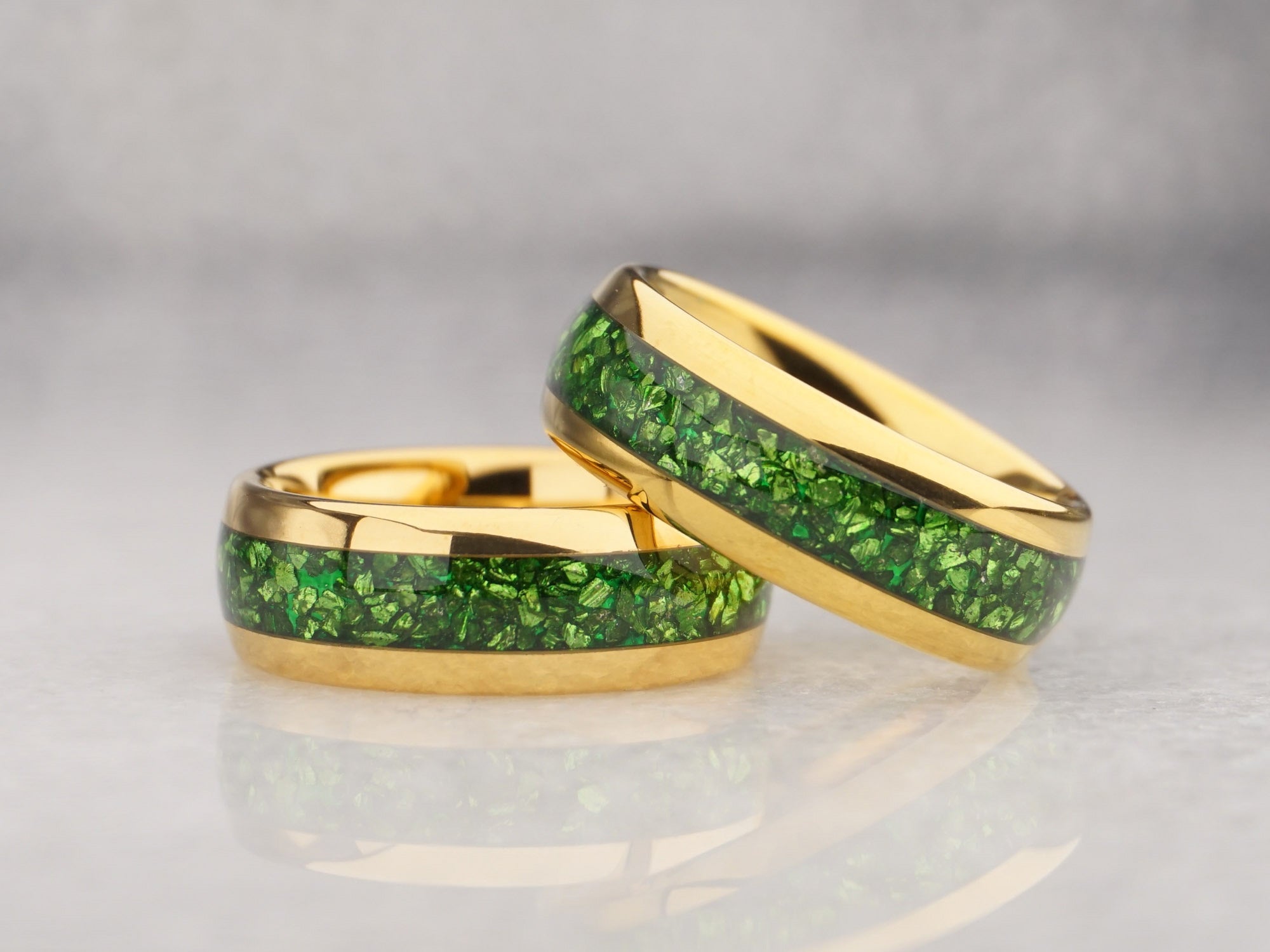 Gold Tungsten Ring With Green Lab-Grown Emerald Inlay - 8MM