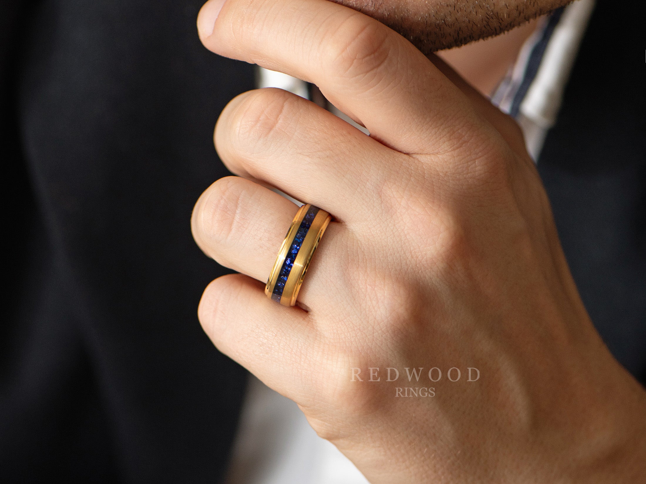 8mm gold gentlemans band with sapphire inlay, mens hand photo