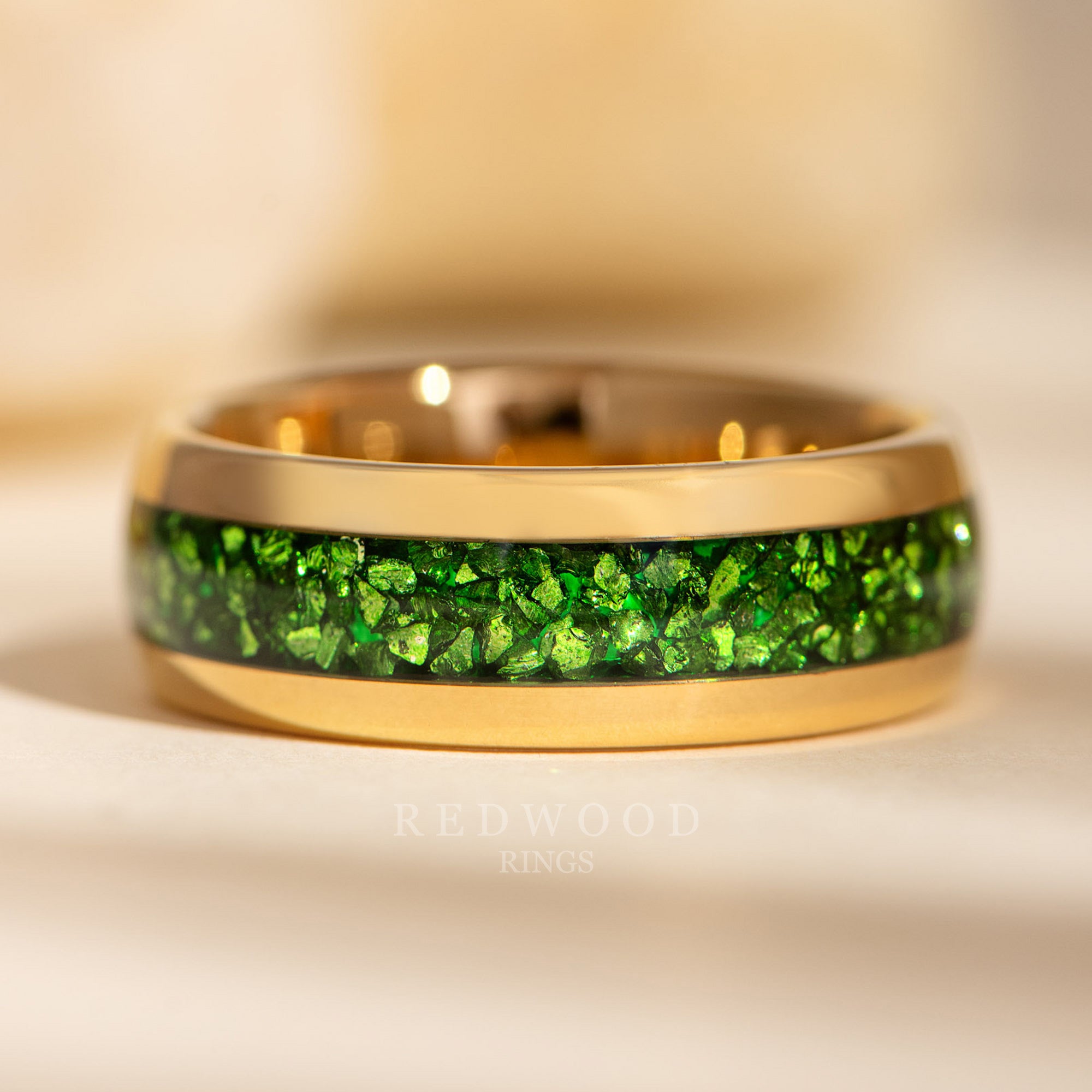 8mm gold platen tungsten ring with green lab emerald inlay, mens wedding ring