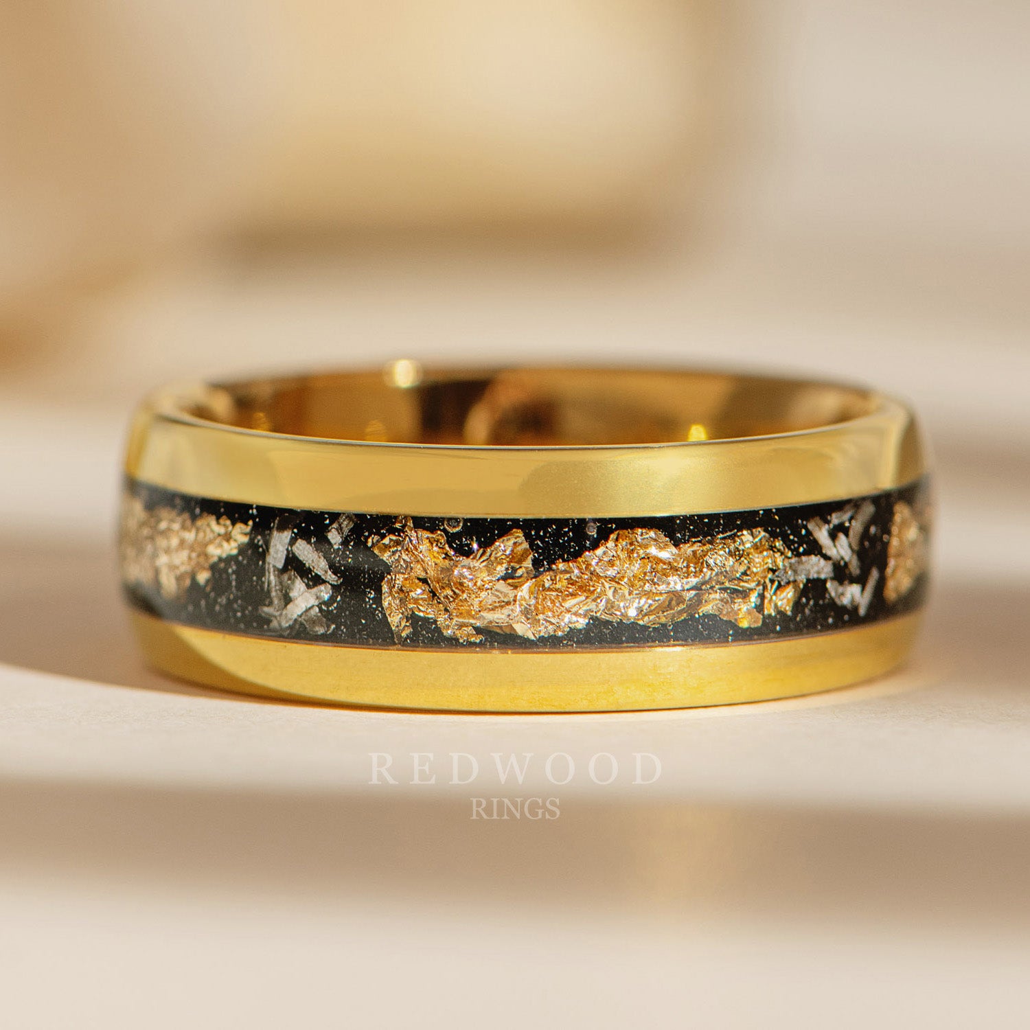 8mm gold tungsten foil ring with meteorite, luxury photo watermarked