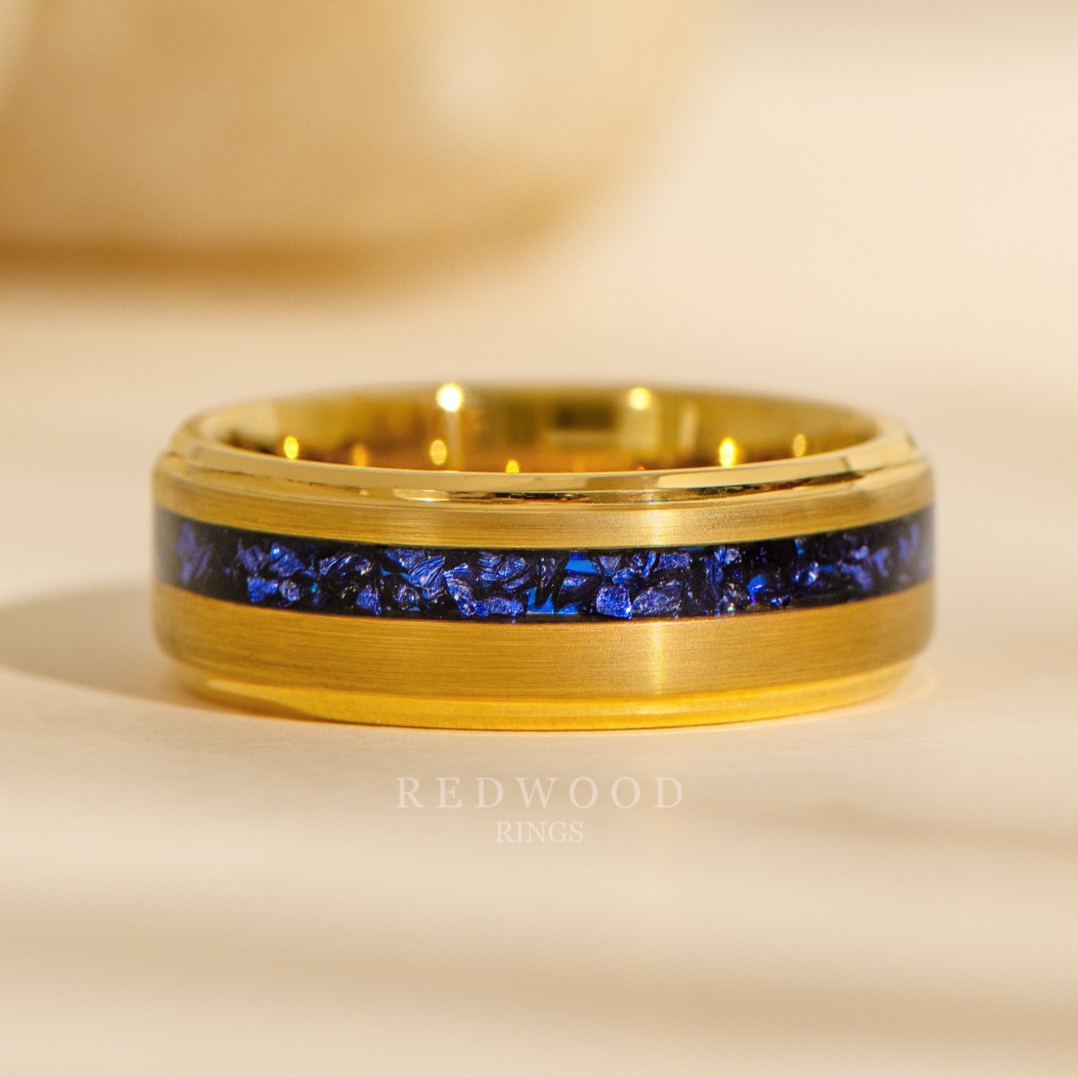8mm gold tungsten gentlemans band with blue lab sapphire inlay, mens wedding ring