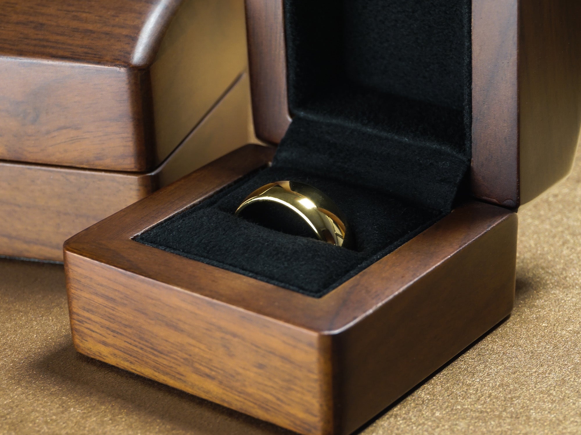 8mm gold tungsten ring in a luxury wood ring box, gold plated mens ring