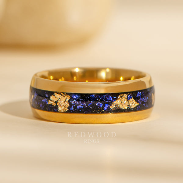 8mm gold tungsten ring with gold foil and blue sapphire inlay, unique mens ring