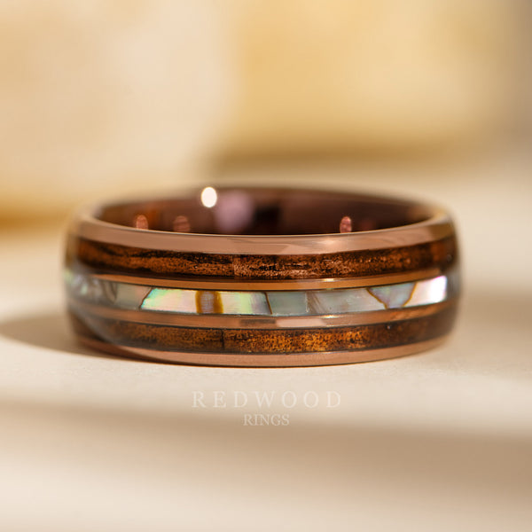 8mm hawaiian ring, brown plated tungsten with koa wood and abalone shell triple inlay, mens wedding ring