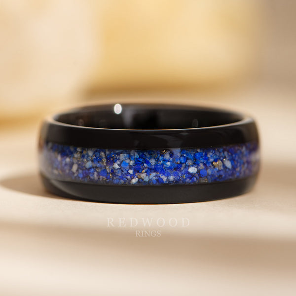 8mm lapis lazuli ring, black tungsten ring with blue gemstone inlay, mens engagement ring