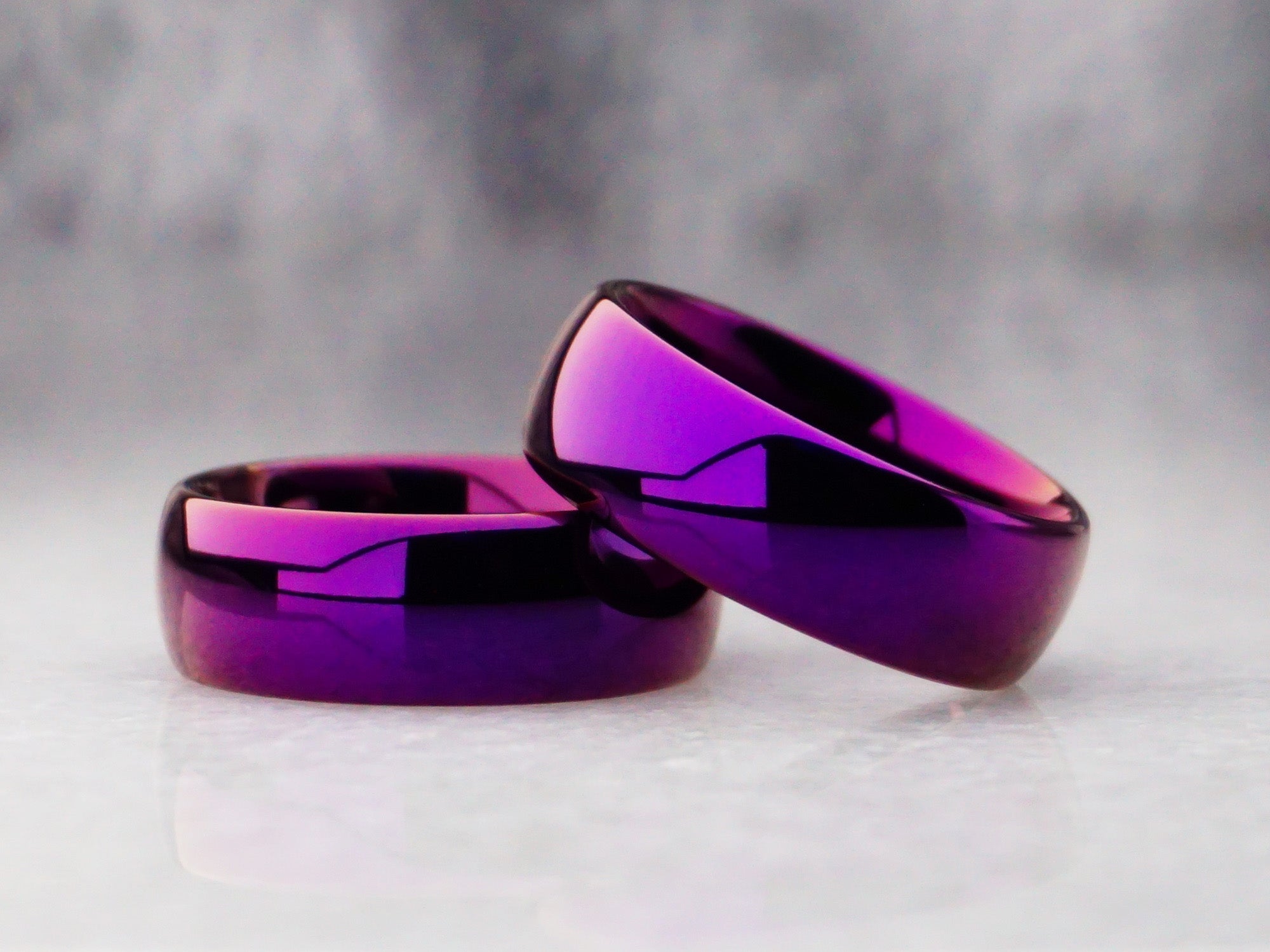 8mm purple polished ring, shiny fuschia purple tungsten ring, modern mens wedding ring