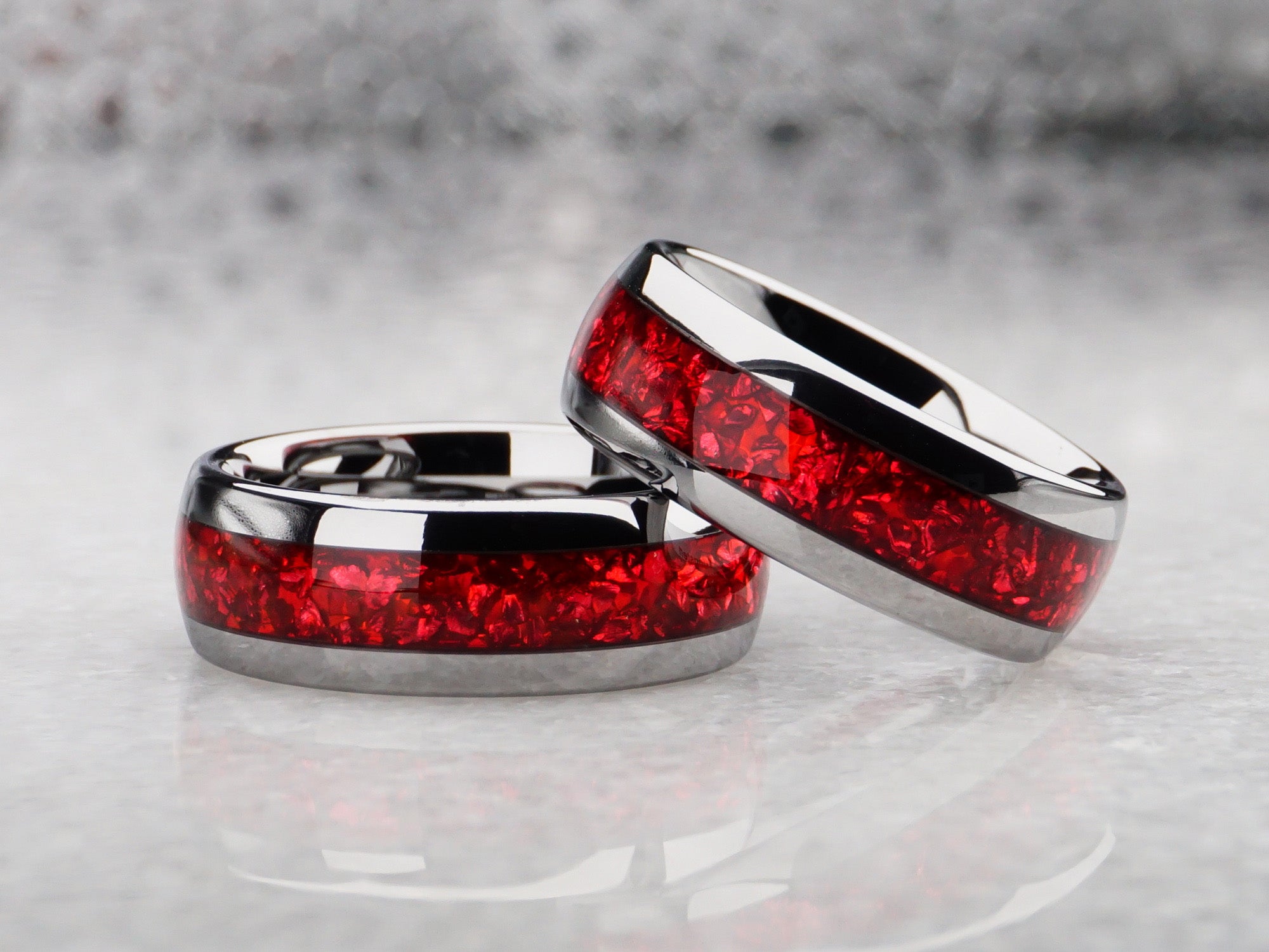 8mm red garnet ring, polished silver tungsten ring with lab garnet gemstone inlay, modern mens wedding ring