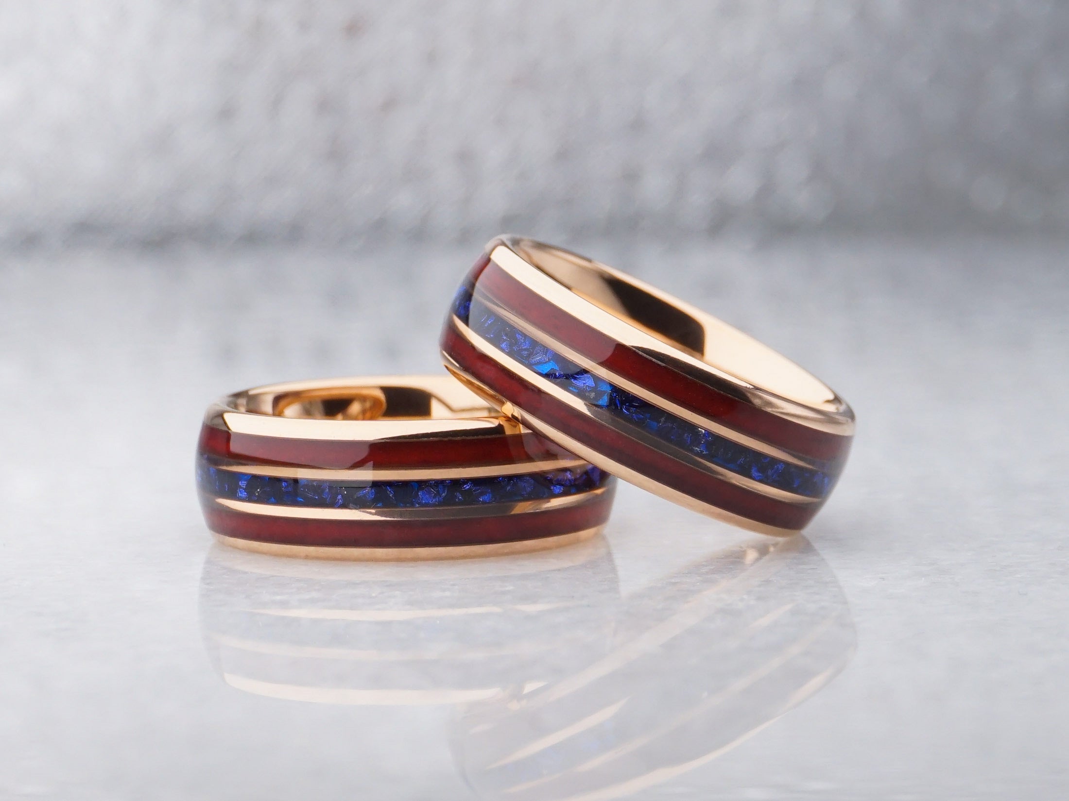 Rose Gold Redwood Sapphire Ring, Blue Lab Sapphire and Sequoia Inlays - 8MM