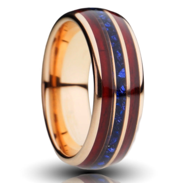 Rose Gold Redwood Sapphire Ring, Blue Lab Sapphire and Sequoia Inlays - 8MM