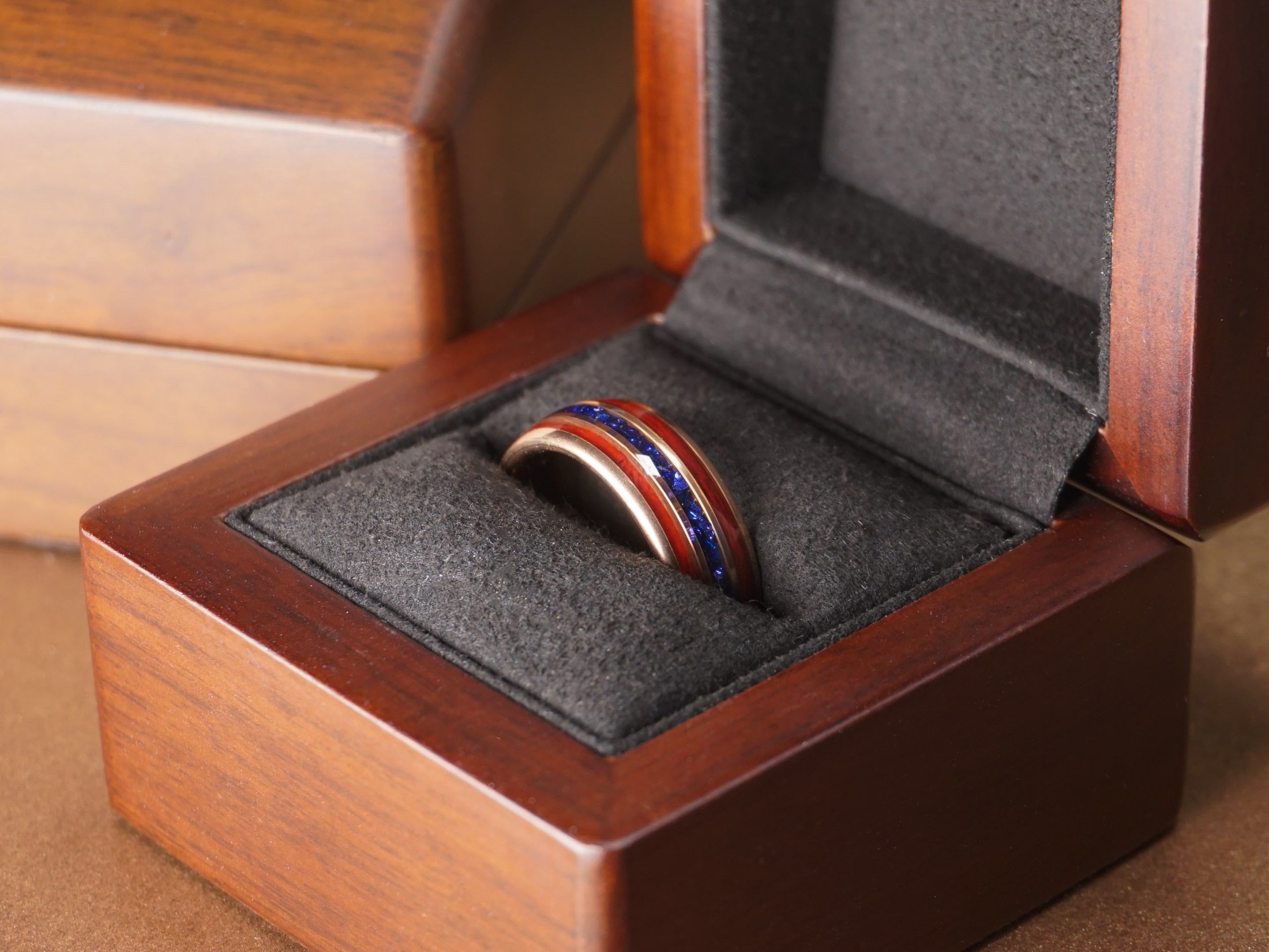 Rose Gold Redwood Sapphire Ring, Blue Lab Sapphire and Sequoia Inlays - 8MM