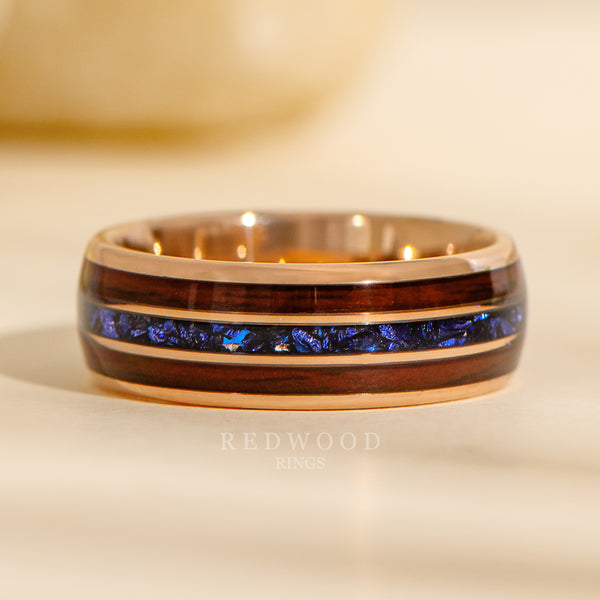 8mm rose gold tungsten ring, redwood and lab sapphire triple inlay, mens wedding ring
