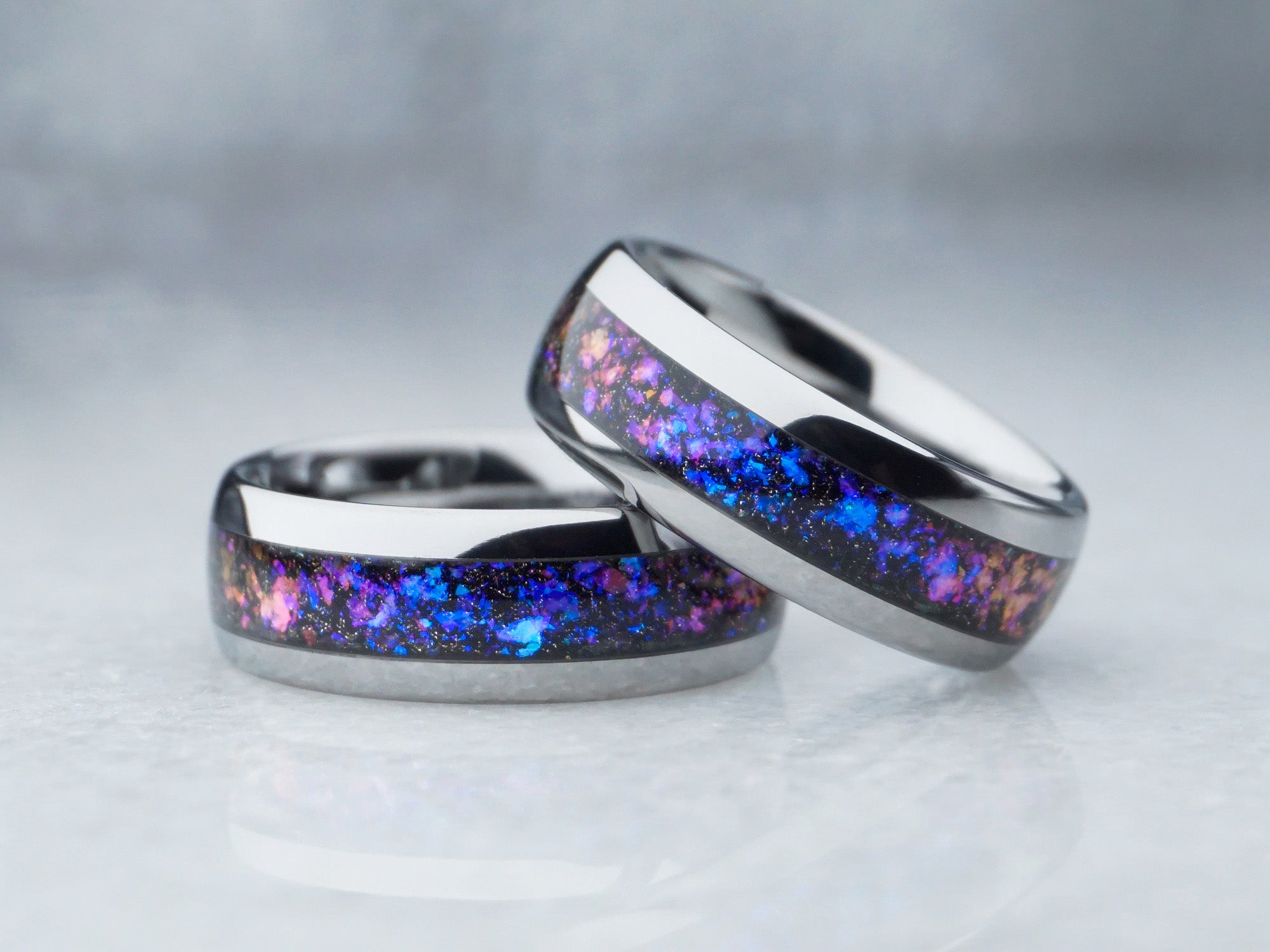 8mm silver galaxy ring, polished unplated tungsten ring with purple and blue milky way inlay, modern mens wedding ring
