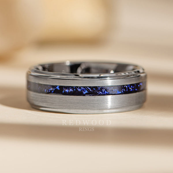 8mm silver gentlemans tungsten ring with blue sapphire ring, luxury photo watermarked