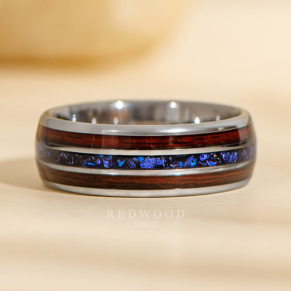 8mm silver tungsten ring, redwood and lab sapphire triple inlay, mens wedding ring