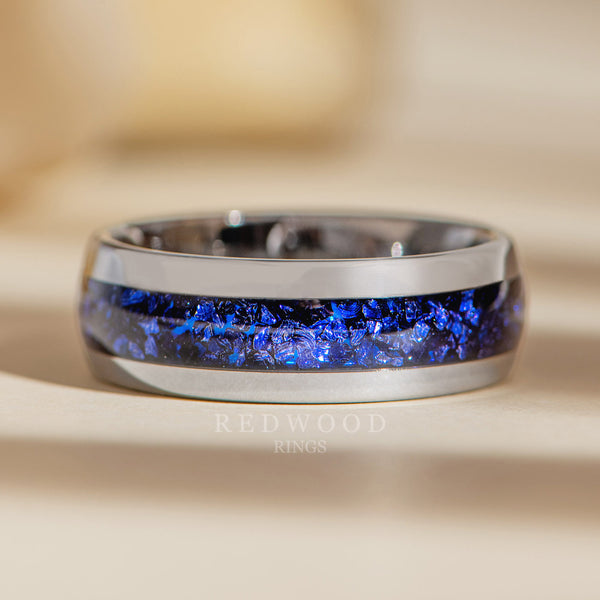 8mm silver tungsten ring with blue lab sapphire inlay, luxury photo watermarked