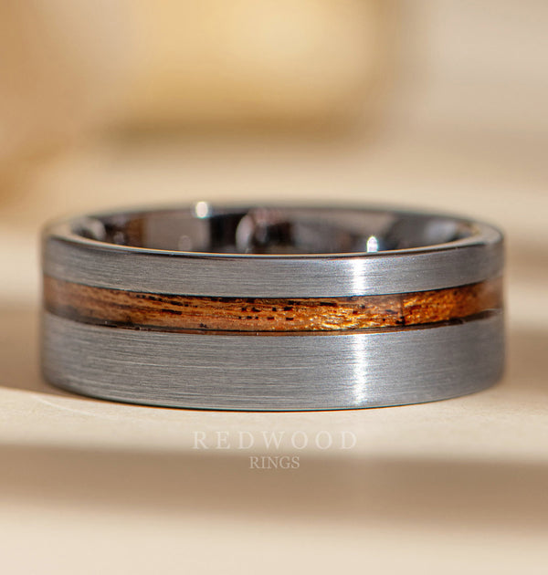 8mm silver tungsten ring with redwood inlay, luxury photo watermarked