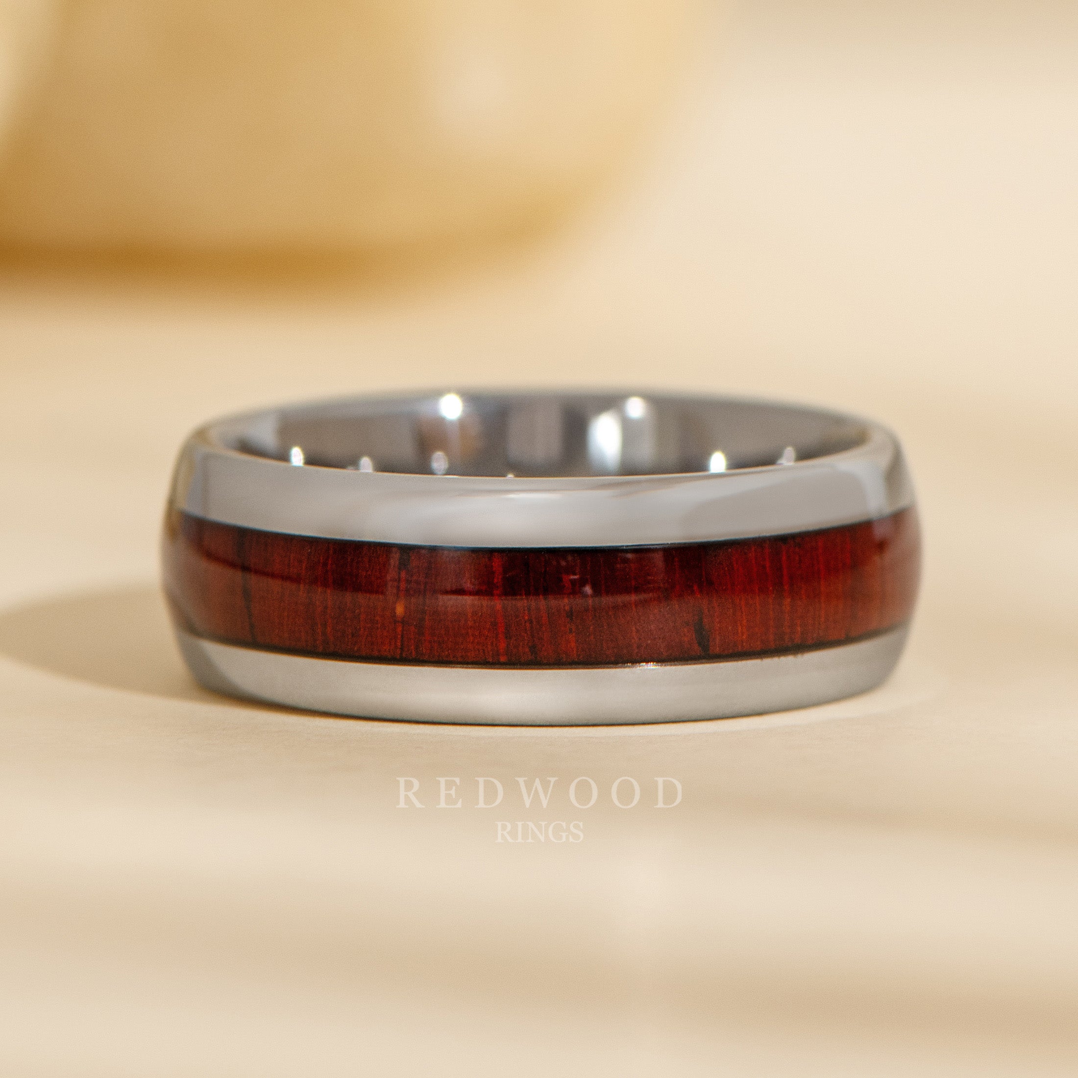 8mm silver tungsten ring with sequoia redwood inlay, mens wedding ring