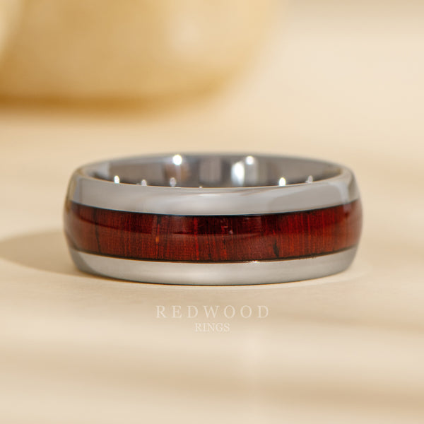 8mm silver tungsten ring with sequoia redwood inlay, mens wedding ring
