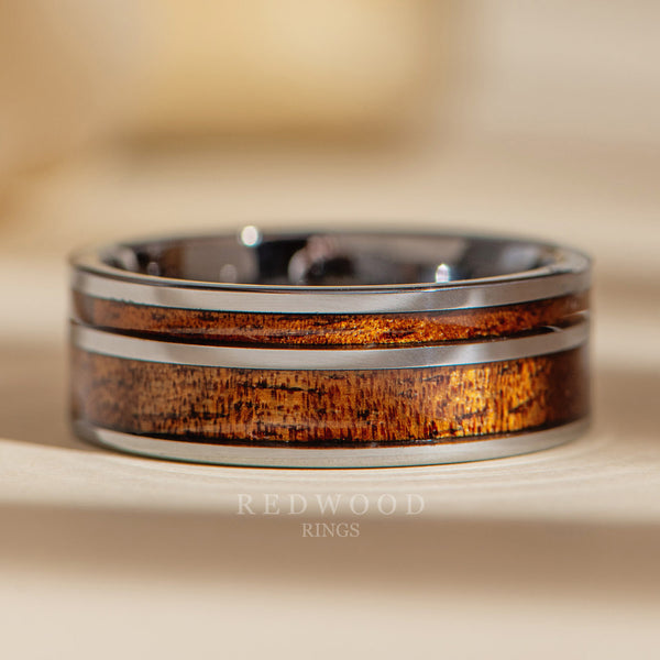 8mm silver tungsten with dual koa wood inlay, luxury photo watermarked