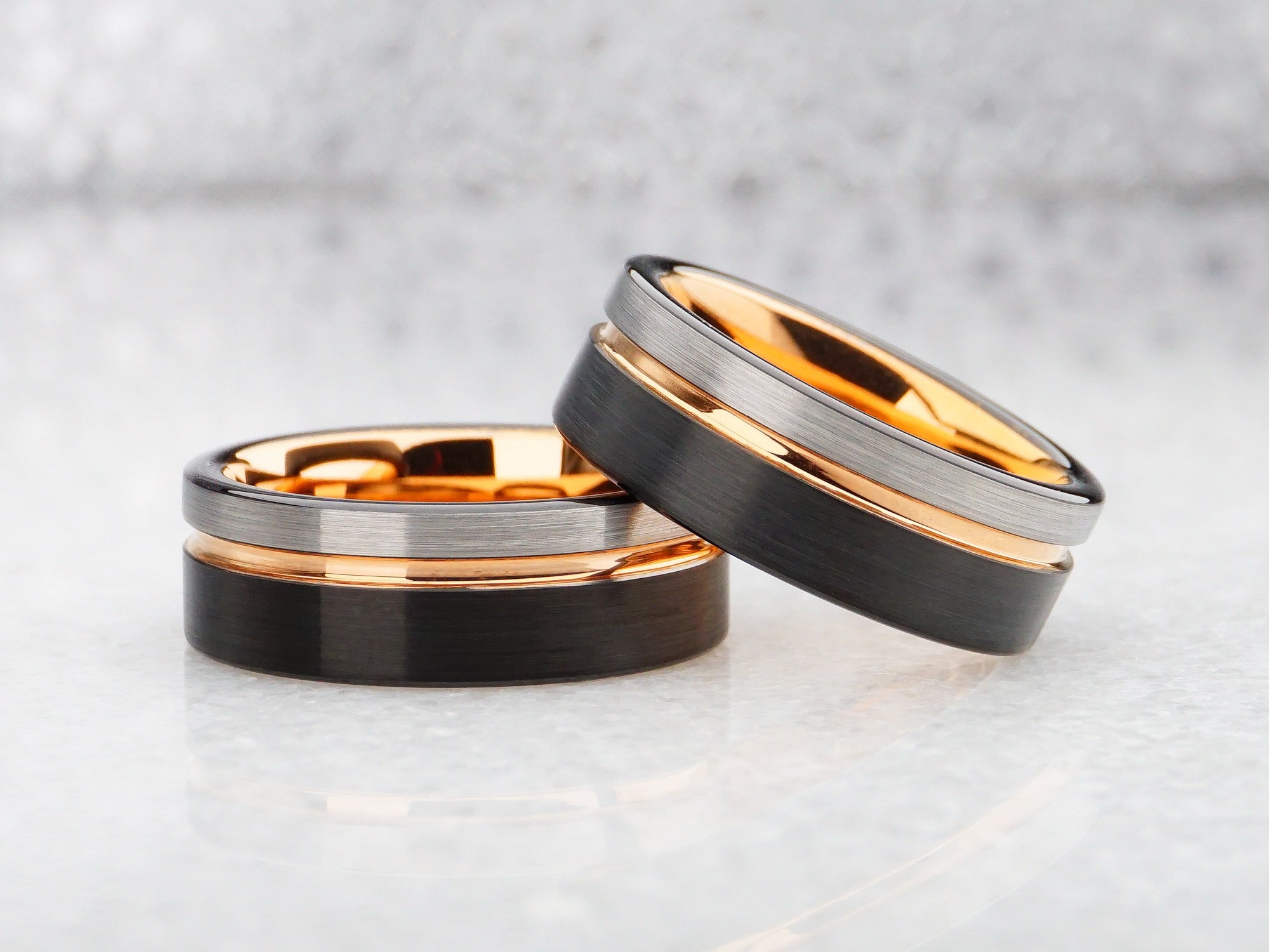 8mm tri color brushed ring brushed silver and black tungsten ring with polished rose gold strip modern mens wedding ring