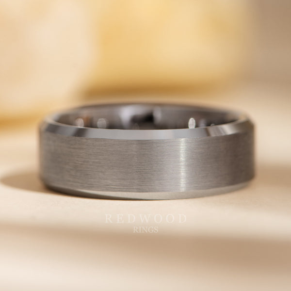 8mm unplated tungsten ring, beveled edge, mens wedding ring