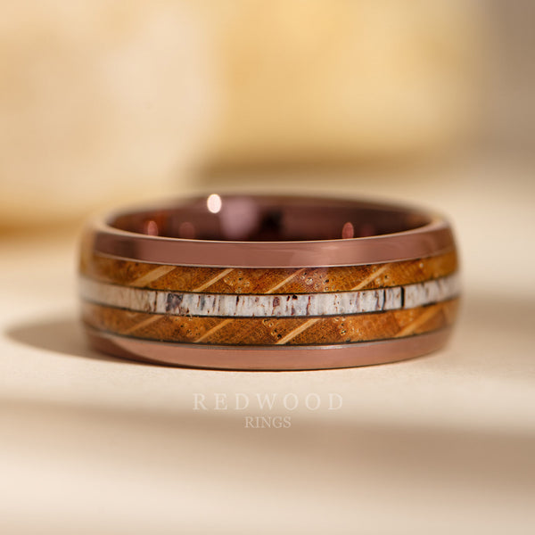 8mm whiskey barrel; wood and antler ring, brown plated tungsten, mens engagement band