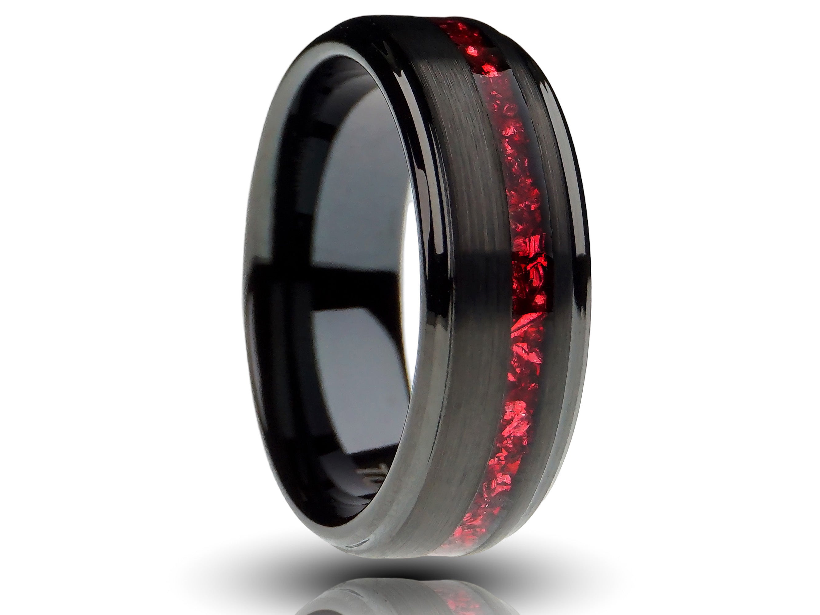 Black garnet gentlemans band, lab grown offset red garnet inlay, black plated tungsten, brushed finish with stepped edges, cutout photo