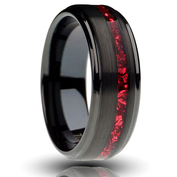 Black Tungsten Ring, Red Lab-Created Garnet Strip Inlay, Stepped Edges - 8MM