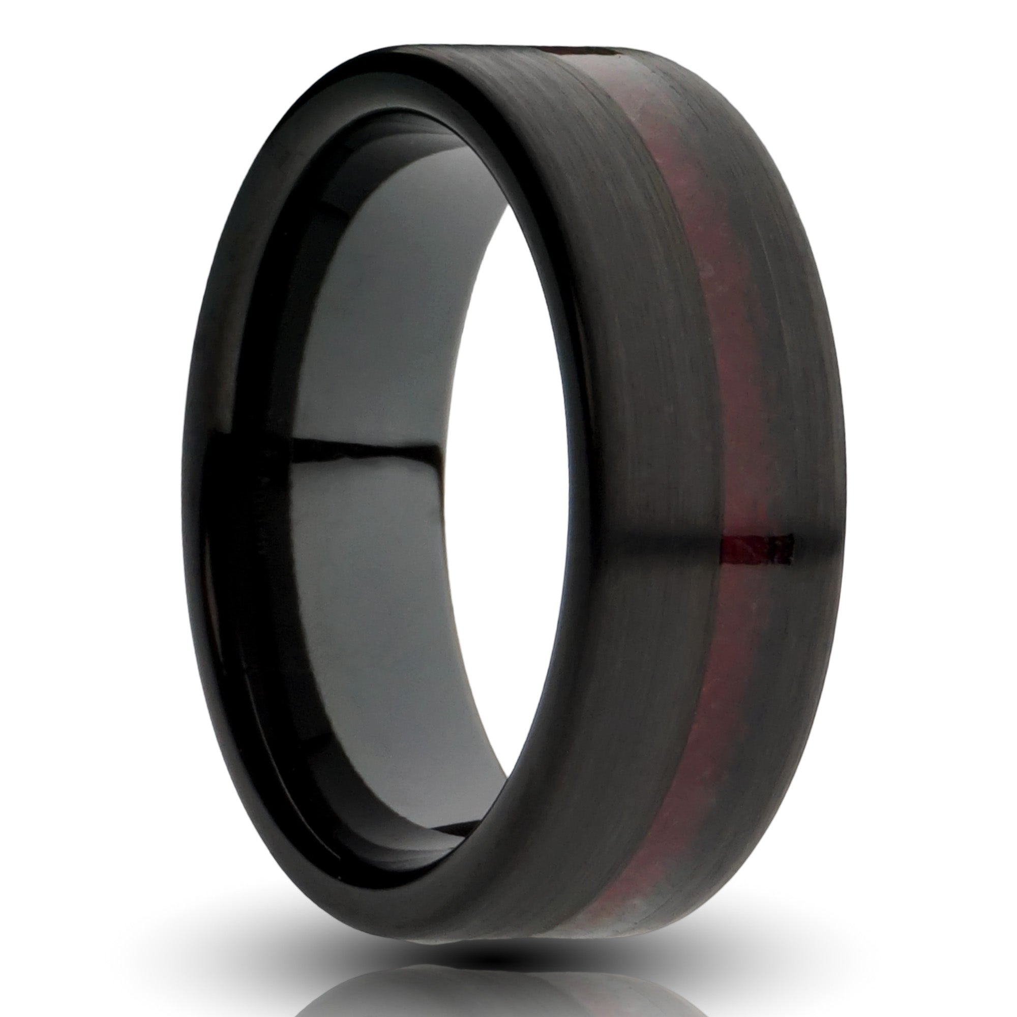 Black Garnet Mens Ring, Brushed Black Tungsten with Genuine Garnet Inlay - 8MM