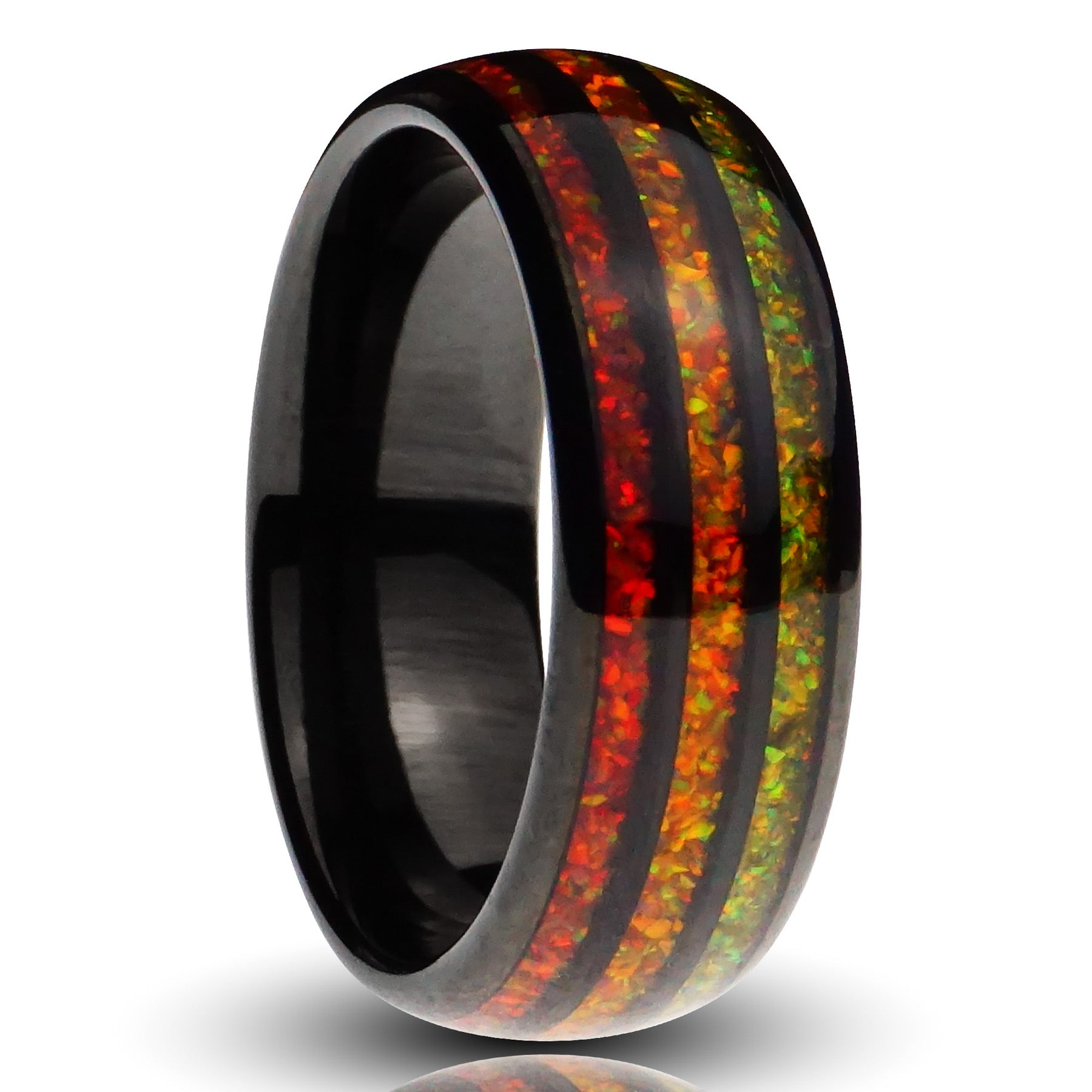 Bon fire opal ring, black tungsten, 6mm red orange yellow opal inlay, mens wedding band, cutout