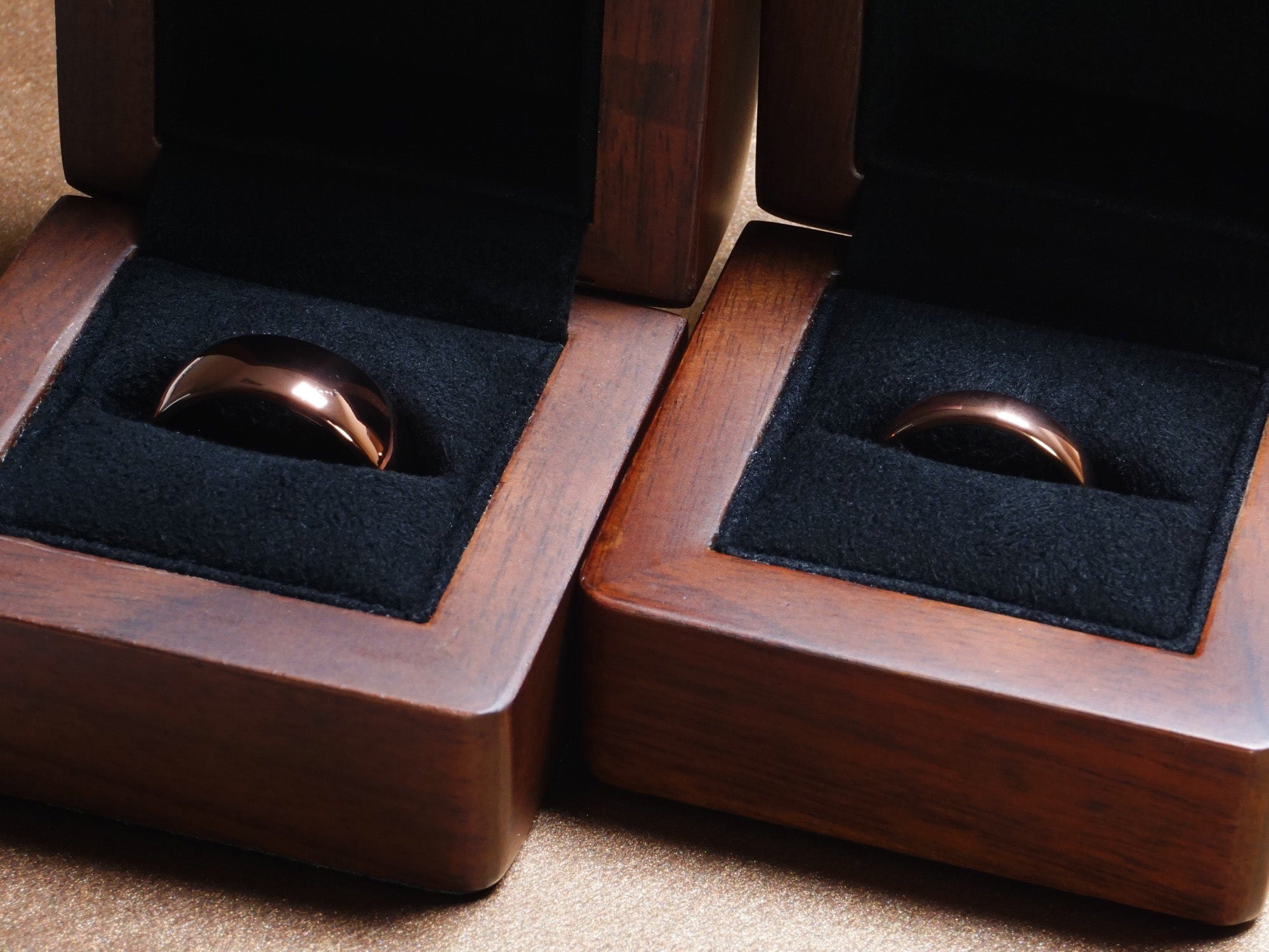 Copper wedding ring set, his and hers matching rings, minimalist brown plated tungsten rings, walnut wood ring boxes